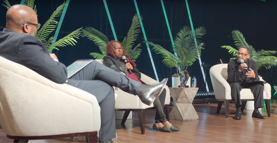 Harris and Micheal Bryant, CEO of New Life Community Alliance speaking with Lane on panel. Photo Credit: New Life Church/YouTube